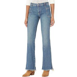 NEW We The Free Free People Izzy Low Rise Flare Blue Trance Raw Hem Size 31